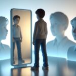 Pessoa olhando para um espelho com reflexo do rosto e silhuetas de outras pessoas ao redor observando.