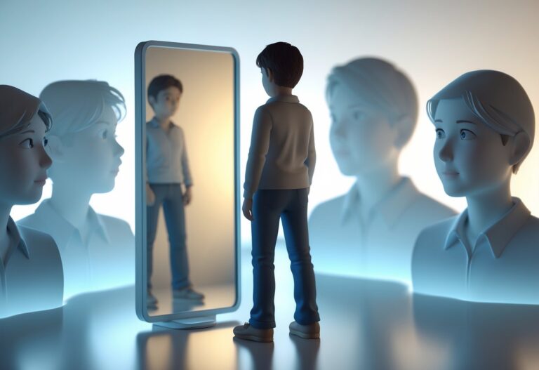 Pessoa olhando para um espelho com reflexo do rosto e silhuetas de outras pessoas ao redor observando.