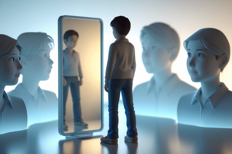 Pessoa olhando para um espelho com reflexo do rosto e silhuetas de outras pessoas ao redor observando.