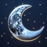 Uma lua crescente brilhando suavemente em um céu noturno escuro com estrelas ao fundo.