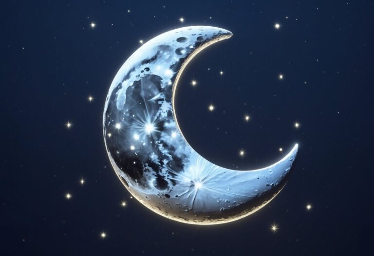 Uma lua crescente brilhando suavemente em um céu noturno escuro com estrelas ao fundo.