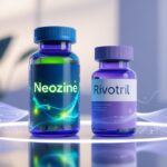 Duas frascos de remédio sobre uma superfície refletiva, um com cores vibrantes e outro com cores suaves, representando uma comparação entre dois medicamentos.