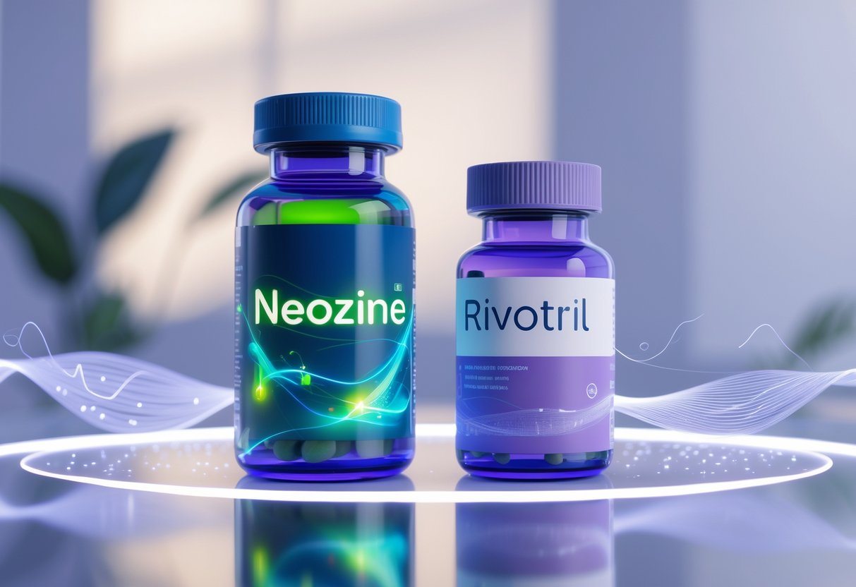 Duas frascos de remédio sobre uma superfície refletiva, um com cores vibrantes e outro com cores suaves, representando uma comparação entre dois medicamentos.