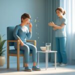 Pessoa sentada em uma cadeira com a mão próxima à boca, parecendo prestes a provocar vômito, com um copo de água e uma tigela em uma mesa próxima, em um ambiente tranquilo.