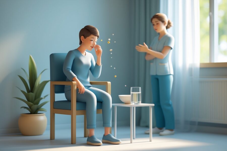 Pessoa sentada em uma cadeira com a mão próxima à boca, parecendo prestes a provocar vômito, com um copo de água e uma tigela em uma mesa próxima, em um ambiente tranquilo.