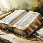 Um livro antigo aberto sobre uma mesa de madeira, com símbolos antigos ao redor e luz suave iluminando a cena.