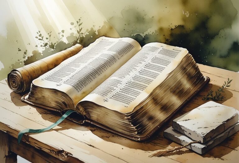 Um livro antigo aberto sobre uma mesa de madeira, com símbolos antigos ao redor e luz suave iluminando a cena.