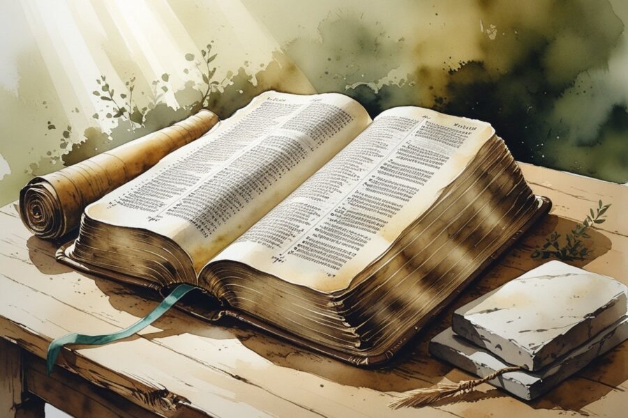 Um livro antigo aberto sobre uma mesa de madeira, com símbolos antigos ao redor e luz suave iluminando a cena.