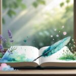 Caderno aberto sobre uma mesa de madeira perto de uma janela com luz natural, rodeado por flores delicadas e uma pena, com um jardim verde desfocado ao fundo.