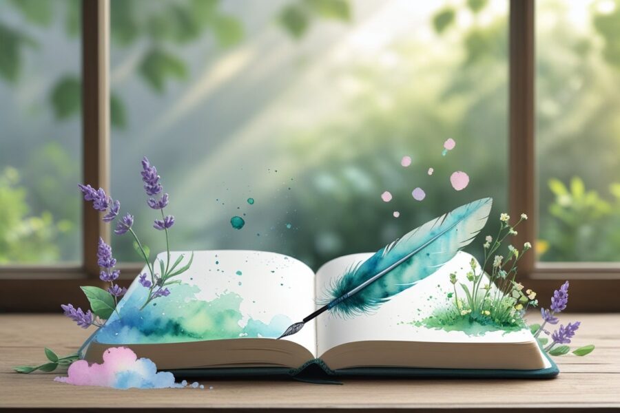 Caderno aberto sobre uma mesa de madeira perto de uma janela com luz natural, rodeado por flores delicadas e uma pena, com um jardim verde desfocado ao fundo.