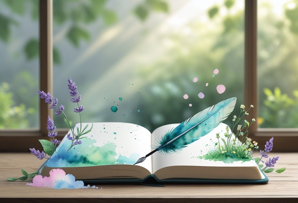 Caderno aberto sobre uma mesa de madeira perto de uma janela com luz natural, rodeado por flores delicadas e uma pena, com um jardim verde desfocado ao fundo.