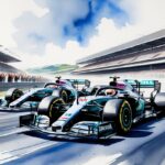 Dois carros de Fórmula 1 da Mercedes competindo em uma pista de corrida com torcida ao fundo.