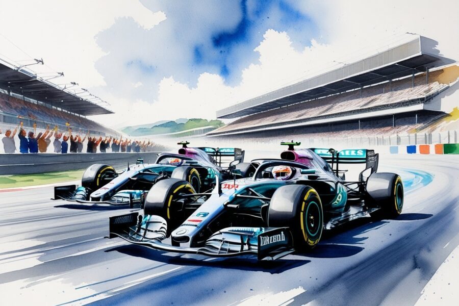 Dois carros de Fórmula 1 da Mercedes competindo em uma pista de corrida com torcida ao fundo.