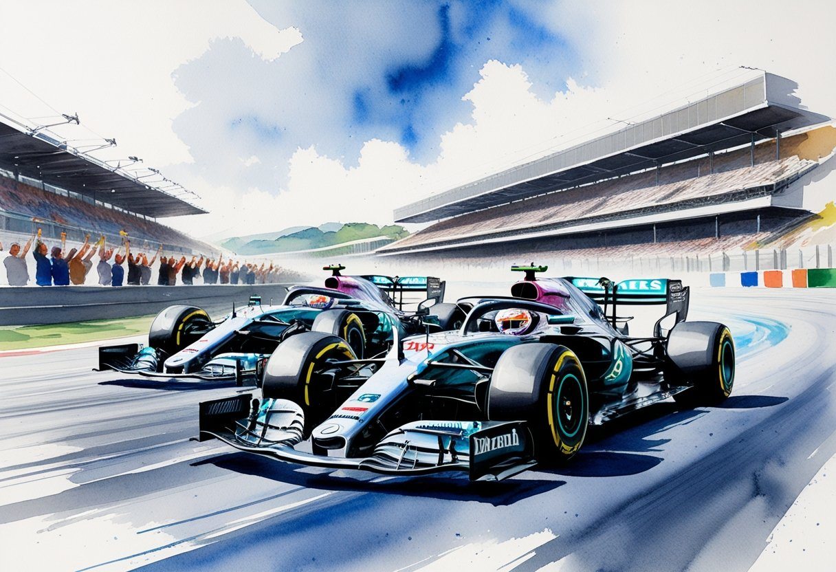 Dois carros de Fórmula 1 da Mercedes competindo em uma pista de corrida com torcida ao fundo.