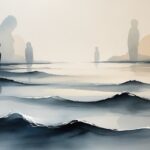 Cena abstrata com tons suaves e formas fluidas que sugerem reflexão e incerteza.