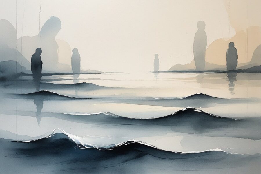 Cena abstrata com tons suaves e formas fluidas que sugerem reflexão e incerteza.