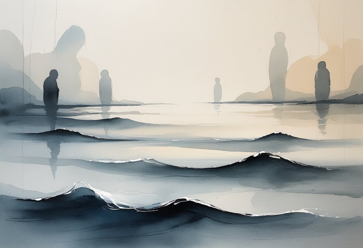 Cena abstrata com tons suaves e formas fluidas que sugerem reflexão e incerteza.