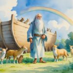 Homem idoso com barba branca ao lado de uma grande arca de madeira, cercado por animais e uma paisagem com céu nublado e arco-íris ao fundo.
