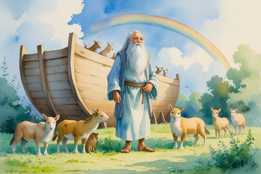 Homem idoso com barba branca ao lado de uma grande arca de madeira, cercado por animais e uma paisagem com céu nublado e arco-íris ao fundo.