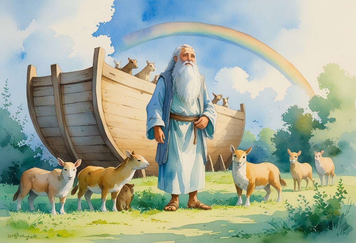 Homem idoso com barba branca ao lado de uma grande arca de madeira, cercado por animais e uma paisagem com céu nublado e arco-íris ao fundo.