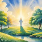 Figura radiante em uma colina cercada por árvores e flores, com um rio calmo ao fundo sob um céu iluminado pela luz do amanhecer.