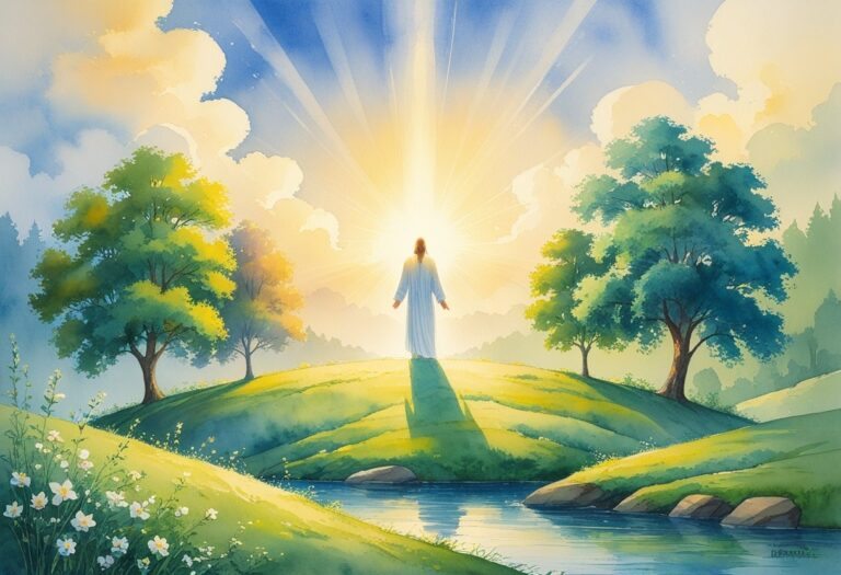 Figura radiante em uma colina cercada por árvores e flores, com um rio calmo ao fundo sob um céu iluminado pela luz do amanhecer.