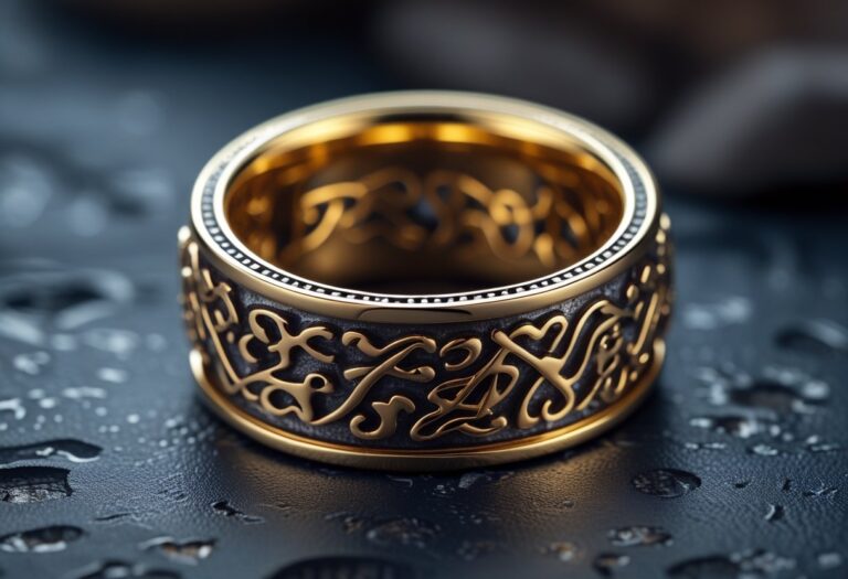 Close-up de um anel dourado com gravações detalhadas em uma superfície escura e texturizada.