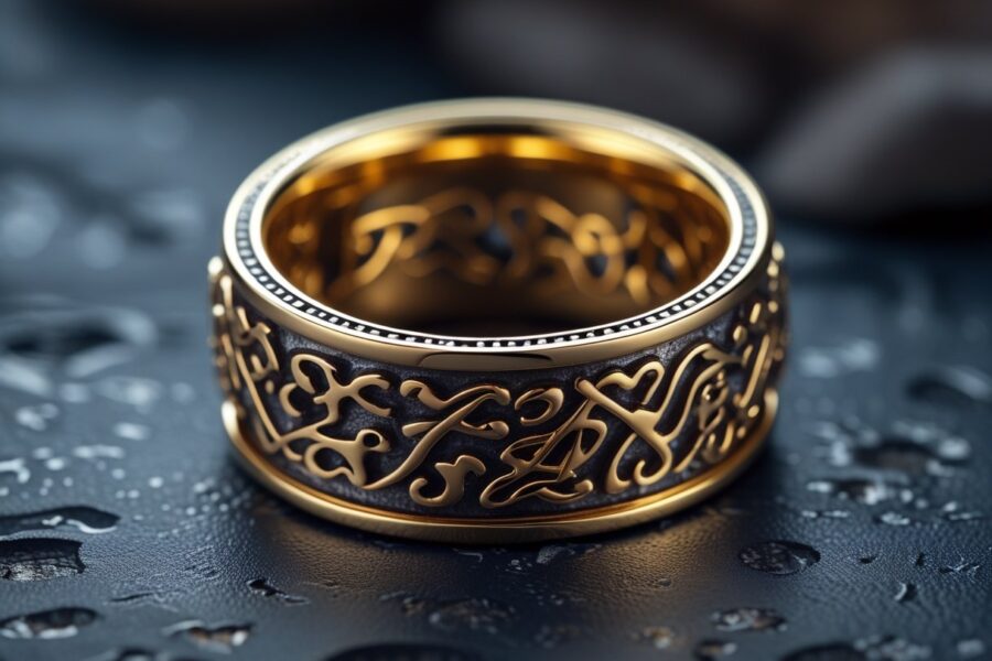 Close-up de um anel dourado com gravações detalhadas em uma superfície escura e texturizada.