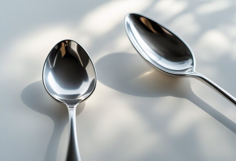 Duas colheres de metal, uma de chá menor e uma de café maior, lado a lado sobre fundo neutro.