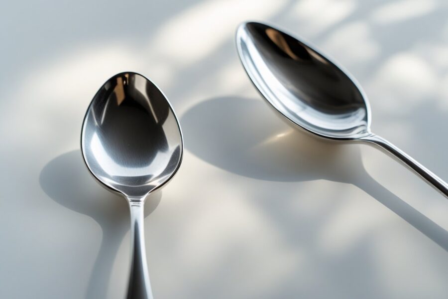 Duas colheres de metal, uma de chá menor e uma de café maior, lado a lado sobre fundo neutro.
