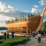 Homens construindo uma grande arca de madeira próxima a um rio, cercados por árvores e céu parcialmente nublado.