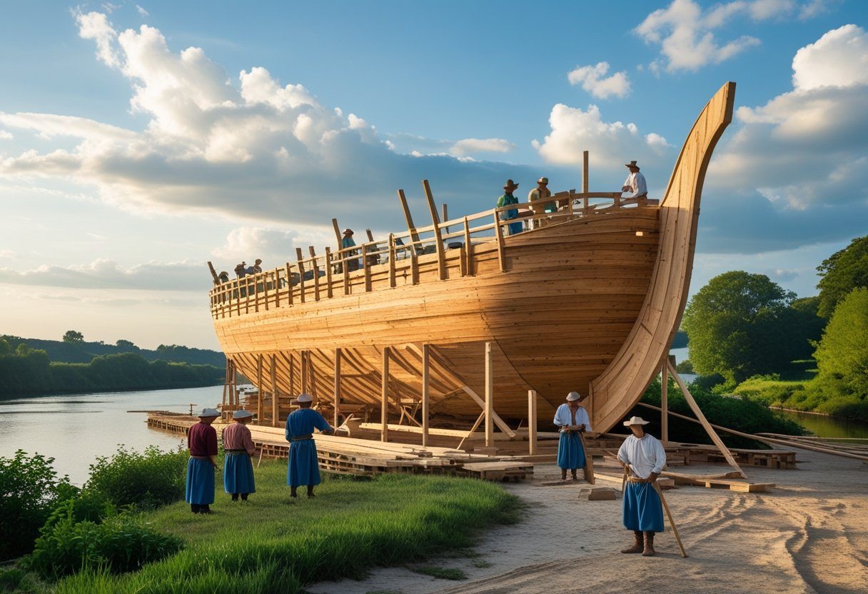 Homens construindo uma grande arca de madeira próxima a um rio, cercados por árvores e céu parcialmente nublado.