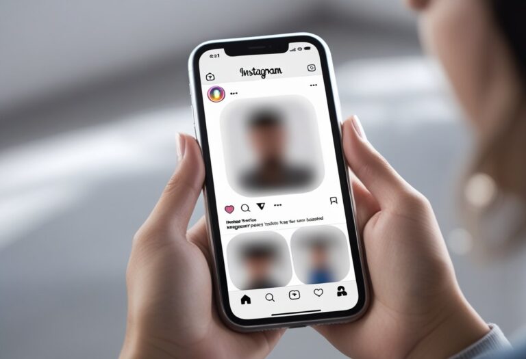 Pessoa segurando um smartphone com a tela do Instagram mostrando um perfil inacessível.
