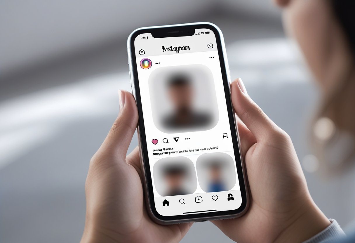 Pessoa segurando um smartphone com a tela do Instagram mostrando um perfil inacessível.