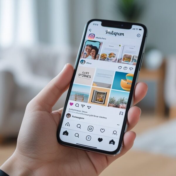 Pessoa segurando um smartphone mostrando a interface do Instagram Stories em um ambiente interno iluminado.