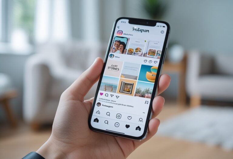 Pessoa segurando um smartphone mostrando a interface do Instagram Stories em um ambiente interno iluminado.