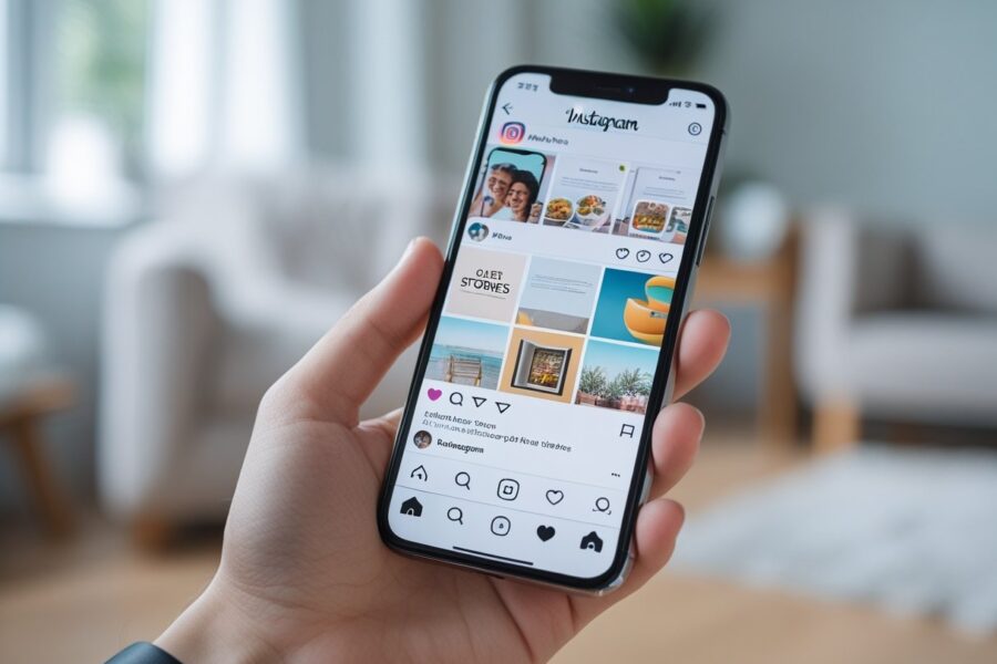 Pessoa segurando um smartphone mostrando a interface do Instagram Stories em um ambiente interno iluminado.