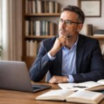 Homem sentado em uma mesa de escritório com livros, laptop e xícara de café, olhando pensativo.