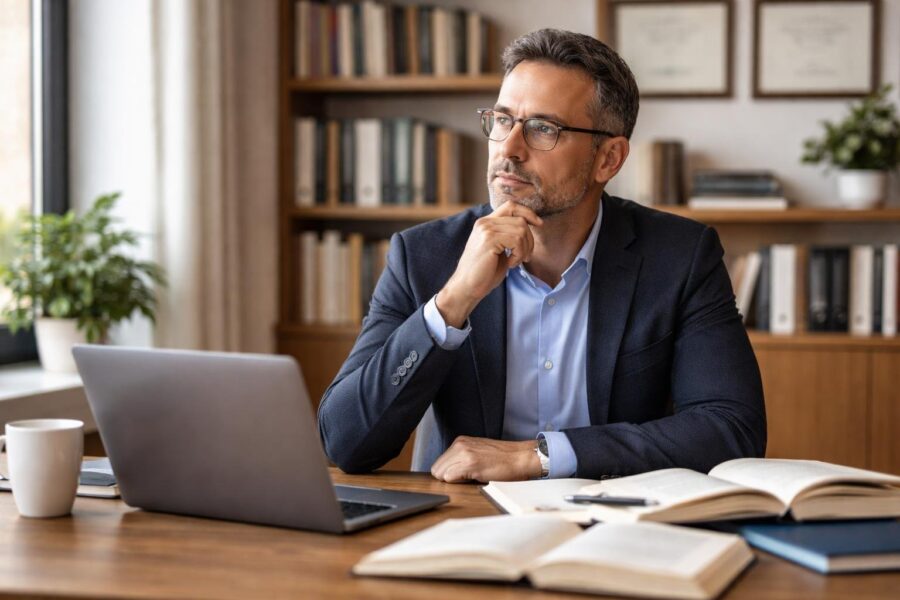 Homem sentado em uma mesa de escritório com livros, laptop e xícara de café, olhando pensativo.