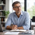 Homem sentado em uma mesa de escritório moderno, com livros e computador ao redor, olhando pensativo.