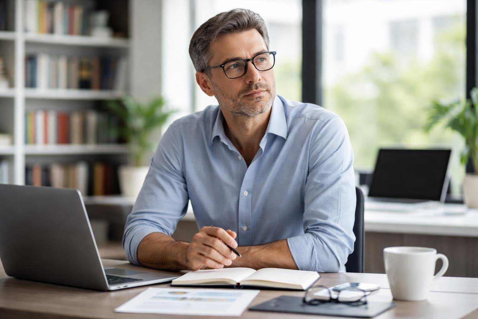 Homem sentado em uma mesa de escritório moderno, com livros e computador ao redor, olhando pensativo.