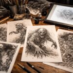 Mesa de artista com desenhos detalhados de zumbis e ferramentas de desenho, mostrando um ambiente de trabalho dedicado à arte de horror.