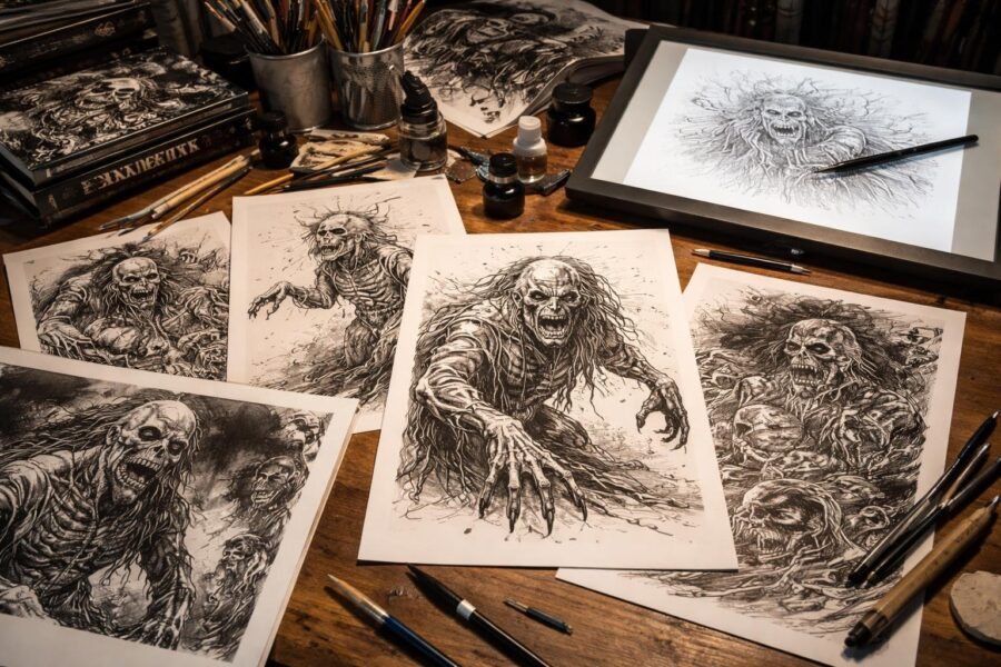 Mesa de artista com desenhos detalhados de zumbis e ferramentas de desenho, mostrando um ambiente de trabalho dedicado à arte de horror.