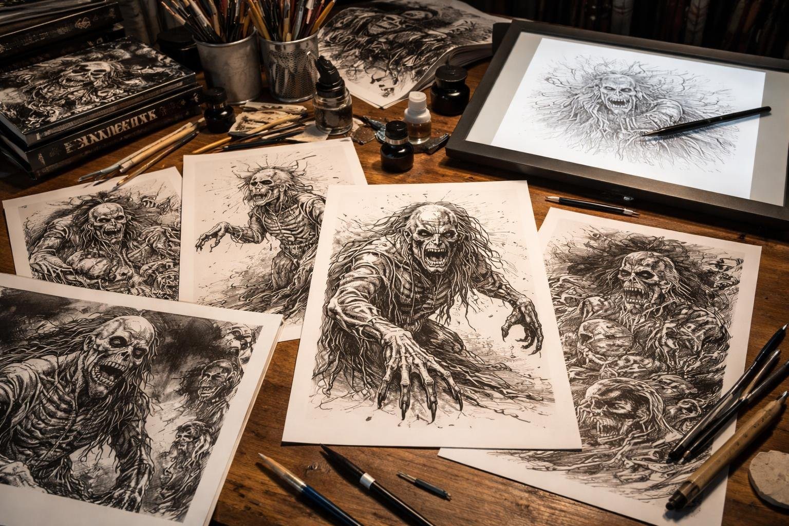 Mesa de artista com desenhos detalhados de zumbis e ferramentas de desenho, mostrando um ambiente de trabalho dedicado à arte de horror.