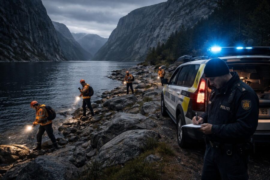 Equipe de busca e resgate em roupas de alta visibilidade procurando na costa rochosa de um fiorde na Noruega sob um céu nublado.