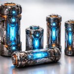 Conjunto de baterias futuristas com detalhes mecânicos e tribais, dispostas sobre uma superfície refletiva com iluminação suave.