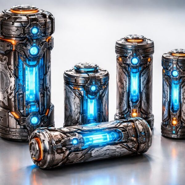 Conjunto de baterias futuristas com detalhes mecânicos e tribais, dispostas sobre uma superfície refletiva com iluminação suave.
