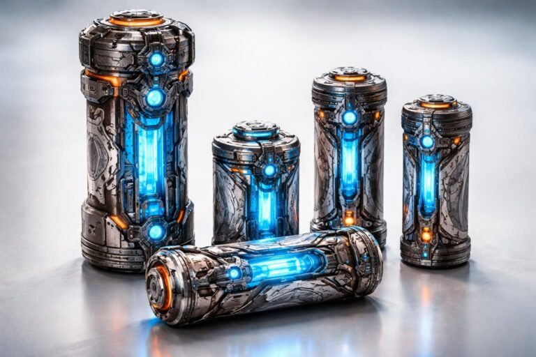 Conjunto de baterias futuristas com detalhes mecânicos e tribais, dispostas sobre uma superfície refletiva com iluminação suave.