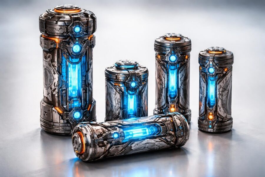Conjunto de baterias futuristas com detalhes mecânicos e tribais, dispostas sobre uma superfície refletiva com iluminação suave.