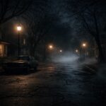 Rua estreita e sombria à noite com casas antigas, árvores sem folhas e neblina cobrindo o chão.